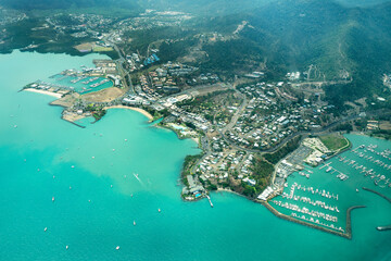 Aerial view of the Queensland Whitsundays City and Pionner Bay, near of the Great Barrier Reef, the...