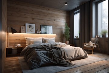 Bedroom interior in modern house. Wooden decoration of walls and floor.