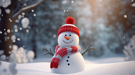 Fototapeta premium snowman in a red hat and scarf