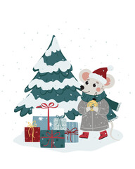 Vector Christmas illustration with cute mouse, Christmas tree and gifts. Can be used to print on fabric, paper, cards, posters and more.