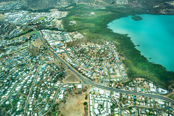 Aerial view of the Queensland Whitsundays City and Pionner Bay, near of the Great Barrier Reef, the...