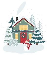 Vector Christmas illustration with cute little house in flat style. Can be used for cards, posters, printing on fabric, paper, etc.