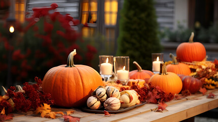 The kitchen is decorated for Halloween, pumpkins and autumn decor,A harvest table setting with p
umpkins and gourds,Autumn decoration with leaves and pumpkin