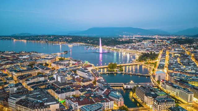 Geneva, Switzerland skyline view towards the Jet d'Eau fountain in Lake Geneva
