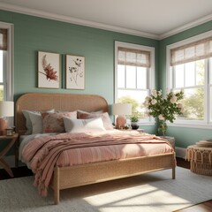 minimal contemporary bedroom interior design ideas concept decorating in pale green and sweet pink colour scheme tone in daylight soft cosy comfort beautiful home interior background