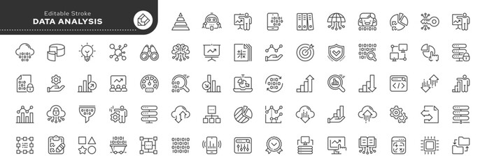 Set of line icons in linear style. Series - data analysis, database, optimization, processing and retrieval of digital data, server and storage.Outline icon collection. Pictogram and infographic.