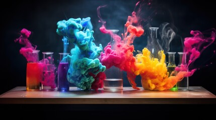 chemistry experiment with colorful liquid and smoke, colorful test tube for science, Glass bottle with a colorful potion smoke - obrazy, fototapety, plakaty