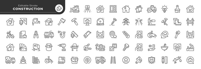 Set of line icons in linear style. Set - Construction, industry, home repair, construction equipment and tools. Outline icon collection. Conceptual pictogram and infographic. - obrazy, fototapety, plakaty