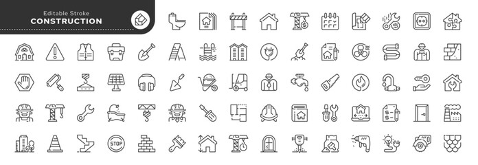 Set of line icons in linear style. Set - Construction, industry, home repair, construction equipment and tools. Outline icon collection. Conceptual pictogram and infographic.
