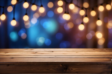 christmas lights on wooden background , empty wooden table 