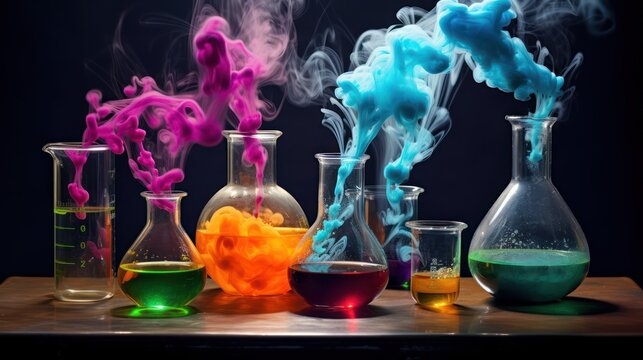 chemistry experiment with colorful liquid and smoke, colorful test tube for science, Glass bottle with a colorful potion smoke