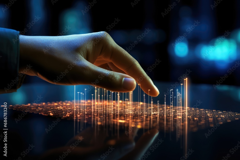 Poster finger touching hologram data graph chart with graph hovering in the air, holographic surface,
