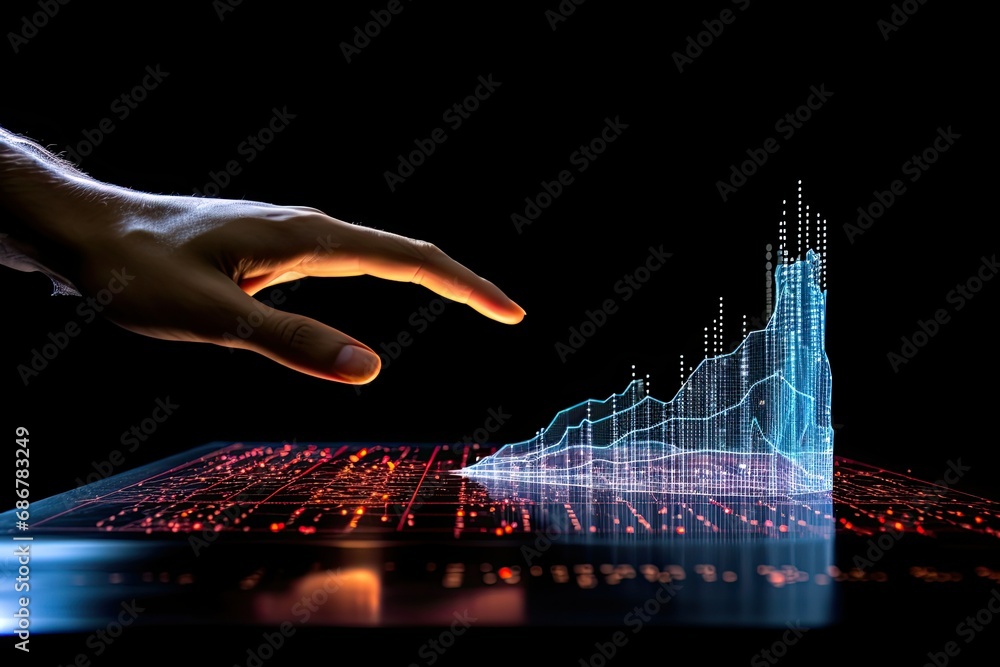 Poster finger touching hologram data graph chart with graph hovering in the air, holographic surface,