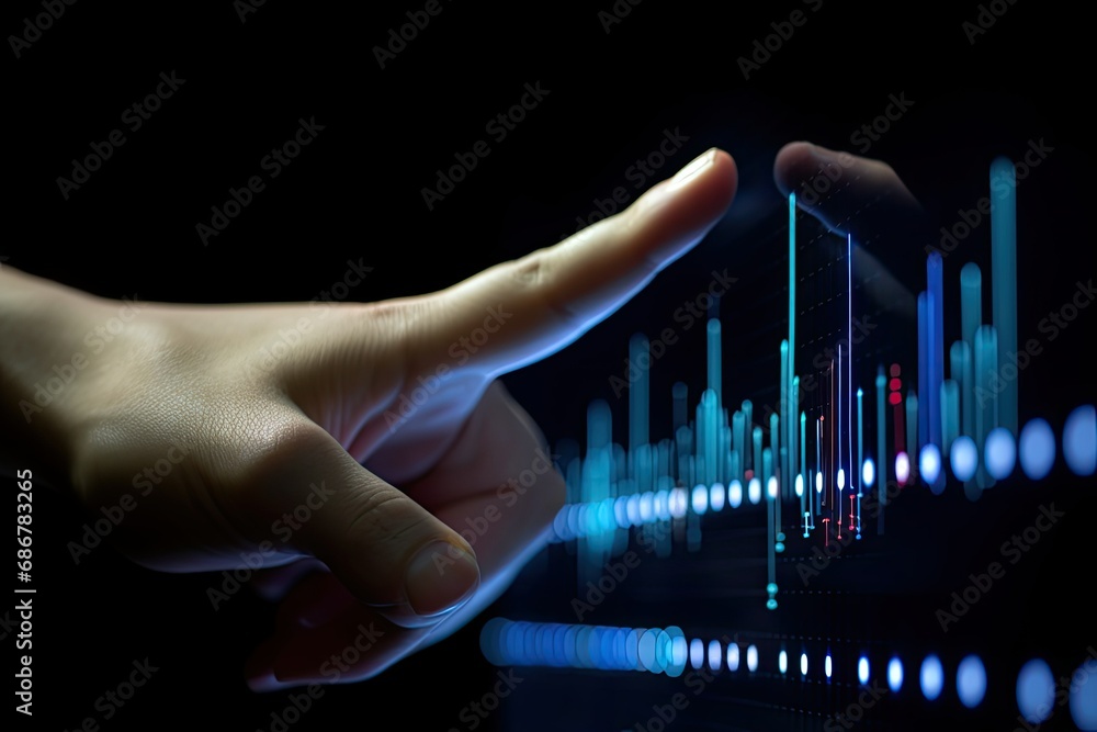 Aufkleber Finger touching data graph chart displayed on transparent screen, Hologram business graph chart