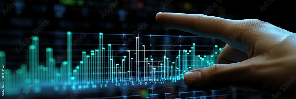 Poster finger touching data graph chart displayed on transparent screen, hologram business graph chart