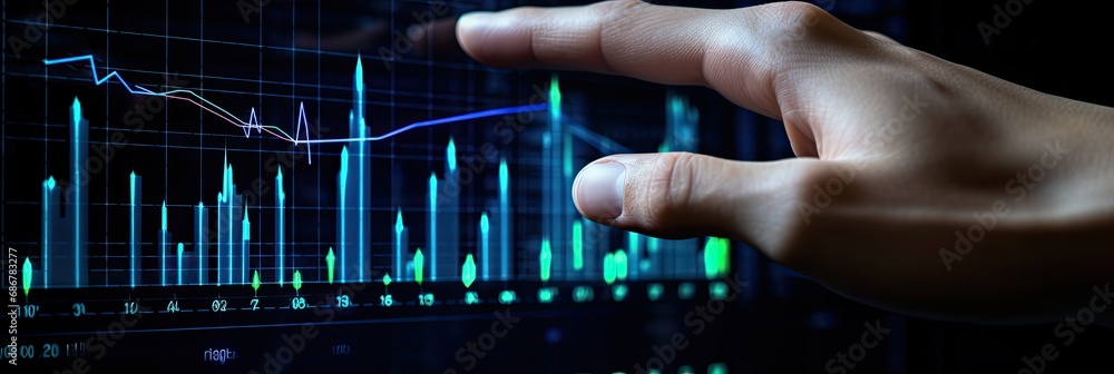 Poster finger touching data graph chart displayed on transparent screen, hologram business graph chart