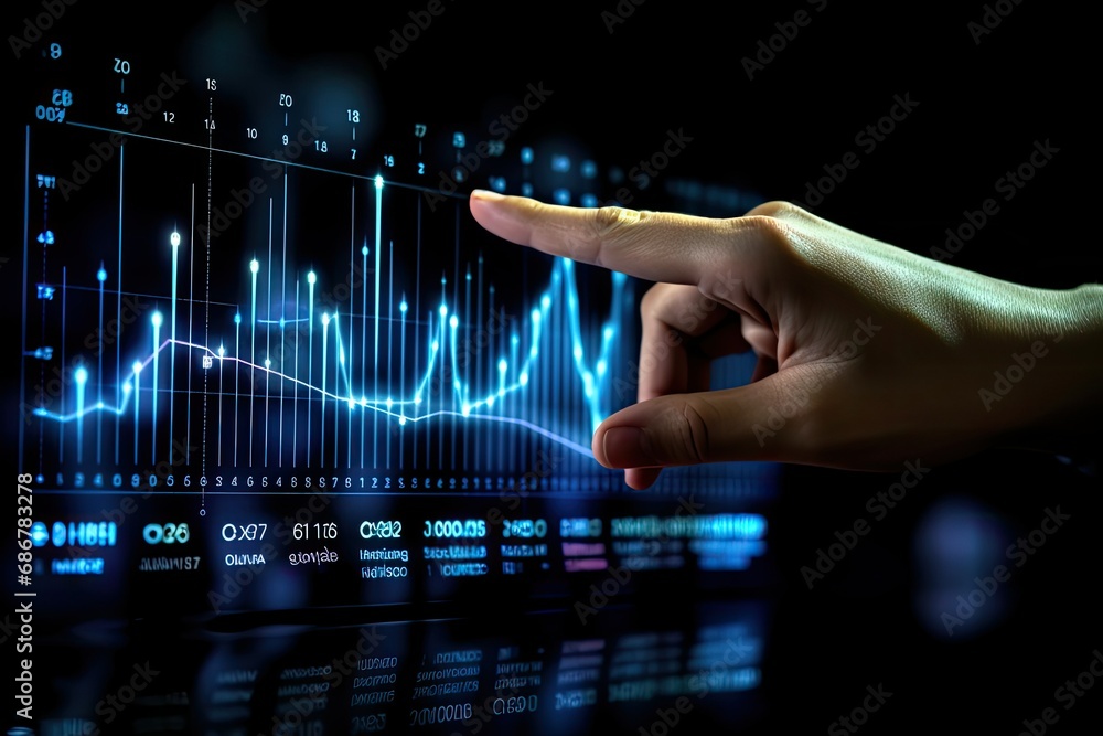 Poster finger touching data graph chart displayed on transparent screen, hologram business graph chart