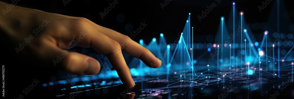 Fototapete Finger touching data graph chart displayed on transparent screen, Hologram business graph chart