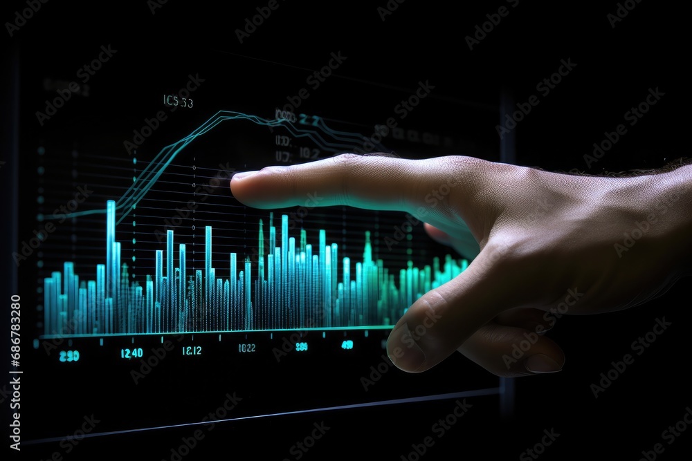 Poster finger touching data graph chart displayed on transparent screen, hologram business graph chart