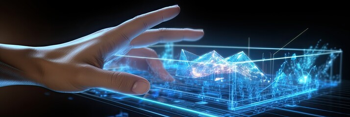 Hand interacting hologram data graph chart, fingers gesturing data points 3d technology