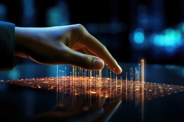 Finger touching hologram data graph chart with graph hovering in the air, holographic surface,