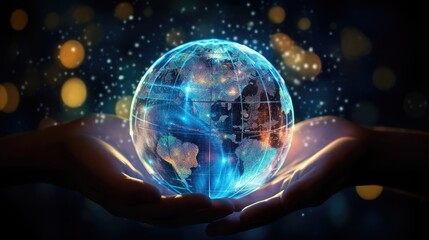 Hand holding hologram internet data planet, holographic Earth glowing data cradling globe