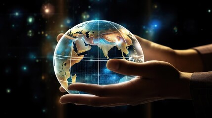 Hand holding hologram internet data planet, holographic Earth glowing data cradling globe