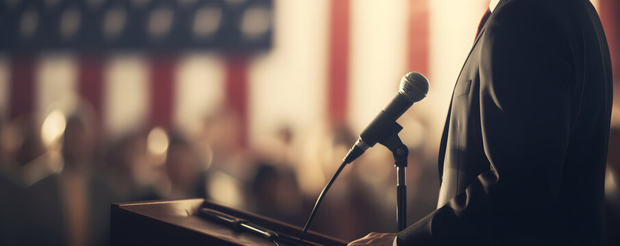 Presidential candidate speaking to delegation of voters with his election program standing on podium with microphone, side view