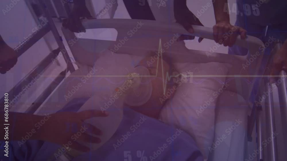 Poster diverse doctors walking with patient in bed with oxygen mask over cardiograph and data processing