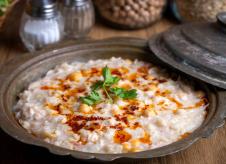 Traditional turkish food, made of meat and wheat, delicious ramadan food (Turkish name; Keskek)