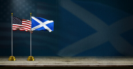 scotland and USA or america flag wave on dark background. digital illustration for national activity or social media content.