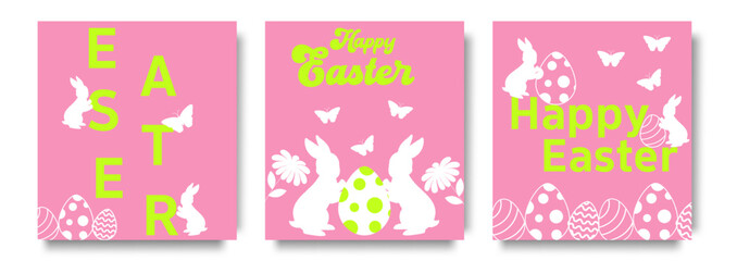 Set of trendy Happy Easter greeting cards. Square banner templates with Easter eggs, decorative floral elements and bunny ears. Modern sale posters, holiday covers or social media post. 