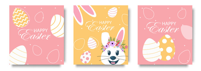Fototapeta na wymiar Happy Easter element cover vector set. Cute hand drawn rabbit, easter eggs decorate with star and sparkles texture. Collection of doodle bunny and adorable design for decorative, card, kids