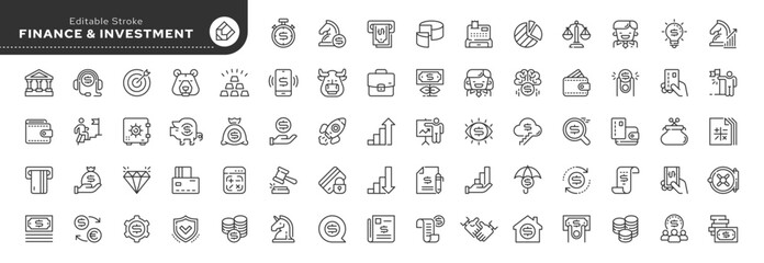 Set of line icons in linear style. Recruitment - Finance, investing, bank and business. Money, currency, and payment.Outline icon collection.Pictogram and infographics.