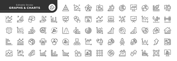 Set of line icons in linear style. Set - Graphs and charts.  Static analytical charts of economics, finance and business. Outline icon collection. Pictogram and infographic. Editable stroke.