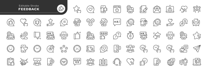 Fotobehang Set of line icons in linear style. Series - Feedback. Like, review and comment on Internet content. User opinion and survey. Outline icon collection. Conceptual pictogram and infographic. © PaHa