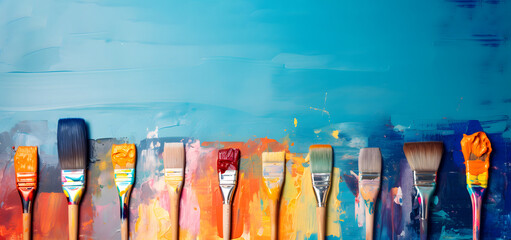 Painting brushes smeared with different colors of oil paint on background of blue canvas with...