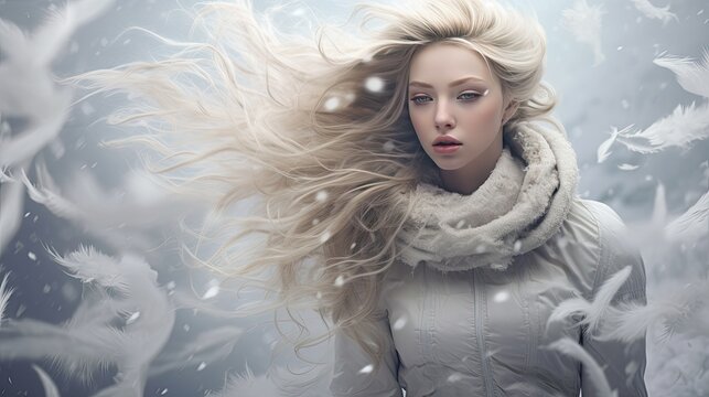 Close-up portrait of a young girl on a winter day. A strong wind is blowing the woman's hair. The concept of natural female beauty. The frozen dynamics of snowfall. Beautiful feminine image.