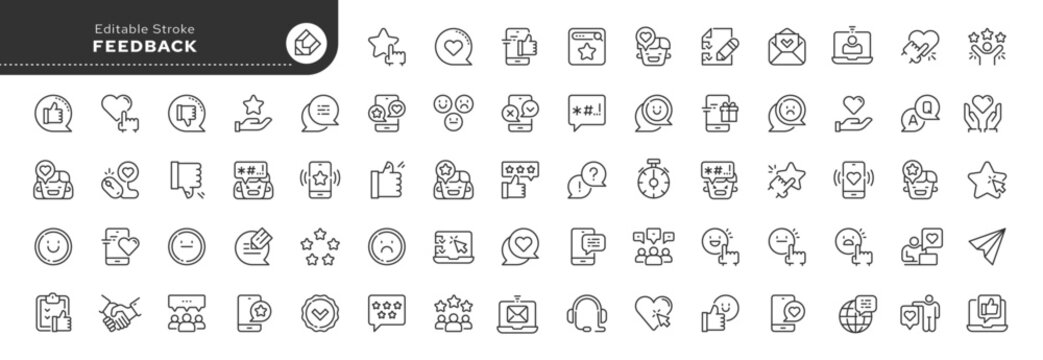 Naklejki Set of line icons in linear style. Series - Feedback. Like, review and comment on Internet content. User opinion and survey. Outline icon collection. Conceptual pictogram and infographic.
