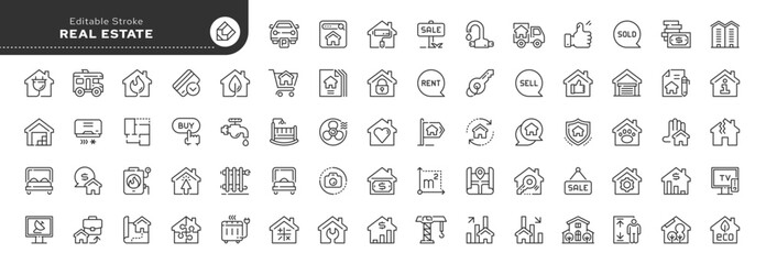 Set of line icons in linear style. Set - Real estate. Buying, selling and renting a house. Mortgages and housing loans. Web line icon. Outline pictogram and infographic