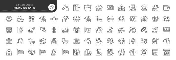 Set of line icons in linear style. Set - Real estate. Buying, selling and renting a house. Mortgages and housing loans. Web line icon. Outline pictogram and infographic - obrazy, fototapety, plakaty