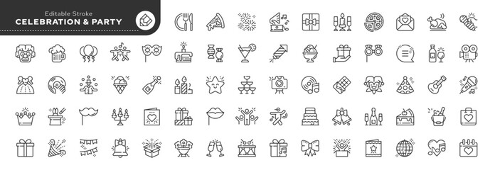 Set of outline icons in linear style. Series - Holiday and party. Fun birthday celebration. Holiday accessories, food and drinks.Outline icon collection. Conceptual pictogram and infographic.