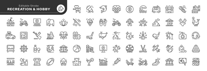 Set of line icons in linear style. Set - Recreation. Hobby,vacation and entertainment. Web line icon. Outline pictogram and infographic. Editable stroke. - obrazy, fototapety, plakaty