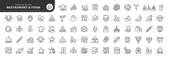 Fototapeta na wymiar Set of line icons in linear style. Set - Restaurant, food menu and chef's dishes. Web line icon. Outline pictogram and infographic. Editable stroke.