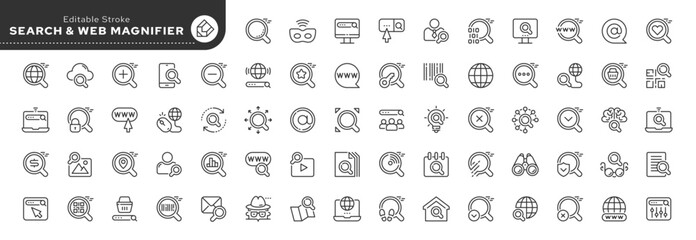 Set of outline icons in linear style. Series - Web search and magnifying glass. Search bar, Internet and cyber networks.Outline icon collection. Conceptual pictogram and infographic.