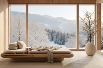 Japanese Style Living Room. Wooden Bench, Beige Pillows, and Winter Mountain View in Chalet