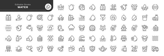Set of line icons in linear style. Series - Water. Drop, water balance, bottle of pure natural and mineral water. Web line icon. Outline icon collection. Conceptual pictogram and infographic.