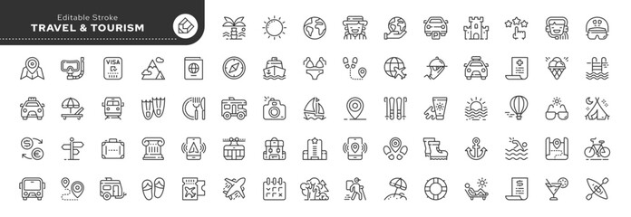 Set of line icons in linear style. Set -  Travel and tourism. Vacation, hotel stay and trip to the sea. Entertainment at the resort. Web line icon. Outline pictogram and infographic.