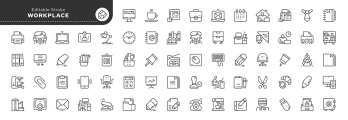 Set of line icons in linear style.Set - Workplace and office work.Worker icon, office items, equipment and tools. Web line icon.Outline Icon collection.Pictogram and infographic. - obrazy, fototapety, plakaty