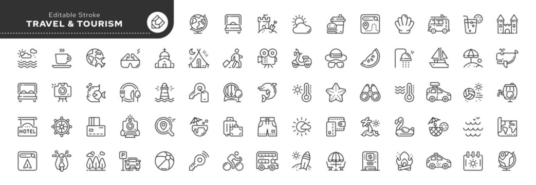 Set of line icons in linear style. Set -  Travel and tourism. Vacation, hotel stay and trip to the sea. Entertainment at the resort. Web line icon. Outline pictogram and infographic.